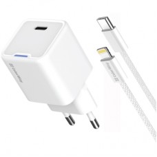Зарядний пристрій ColorWay C101D GaN Mini 20W PD PPS USB-C + cable USB-C to Lightning white (CW-CHS059PDL-WT)