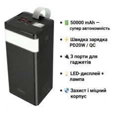 Батарея універсальна HOCO 50000mAh Powermaster PD/20W, QC/22.5W, Lamp, Black (J86A / 714738)
