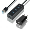 Концентратор AXAGON USB 3.1 to 4xUSB 3.0 1.2m + power adapter + cable USB to Micro 5P black (HUE-S2BP)