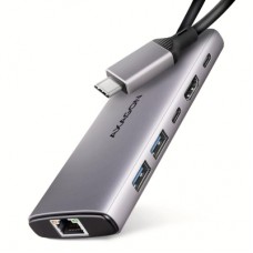 Концентратор AXAGON USB-C to 2xUSB-A + 1xUSB-C + HDMI + RJ45 + PD100W 0.15m gray (HMC-6G2L)