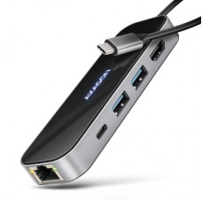 Концентратор AXAGON USB-C to 2xUSB-A + 1xUSB-C + HDMI + RJ45 + PD100W 0.2m grey (HMC-6GLN)