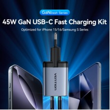 Зарядний пристрій Vention 2xUSB-C PD45W GaN + cable USB-C to USB-C 1.0m black gray (TZ-FCDH0-EU)