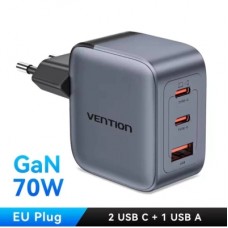 Зарядний пристрій Vention 1xUSB-C PD70W + 1xUSB QC3.0 22.5W GaN + cable USB-C to USB-C 1.0m 5A gray (TZ-FCGH0-EU)