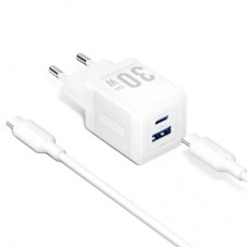 Зарядний пристрій Vention 1xUSB-C PD30W + 1xUSB QC3.0 30W GaN + cable USB-C to USB-C 1.0m white (TZ-FEQW0-EU-01)
