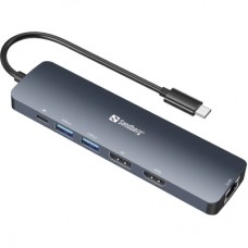 Концентратор Sandberg USB3.1 Type-C to HDMI/USB 3.0x2/RJ45/USB-C/DisplayPort PD 100W Hub 6-in-1 (136-43)