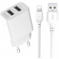 Зарядний пристрій XO L109 12W (2USB/2.4A) + USB - Lightning White (XO-L109-L)