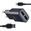 Зарядное устройство XO L92C (2USB/2.4A) + USB - Lightning Чорний (XO-L92C-L)